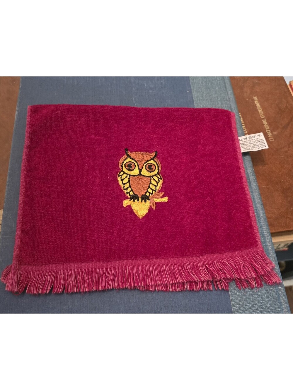 Vintage Lustre Fieldcrest Owl hand towel, red